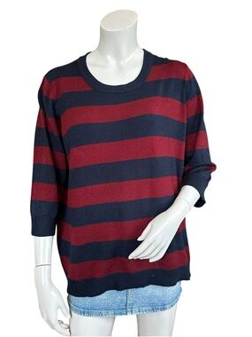 ModCloth Burgundy & Navy Blue High Neck Striped 3/4 Sleeve Sweater Size 1X